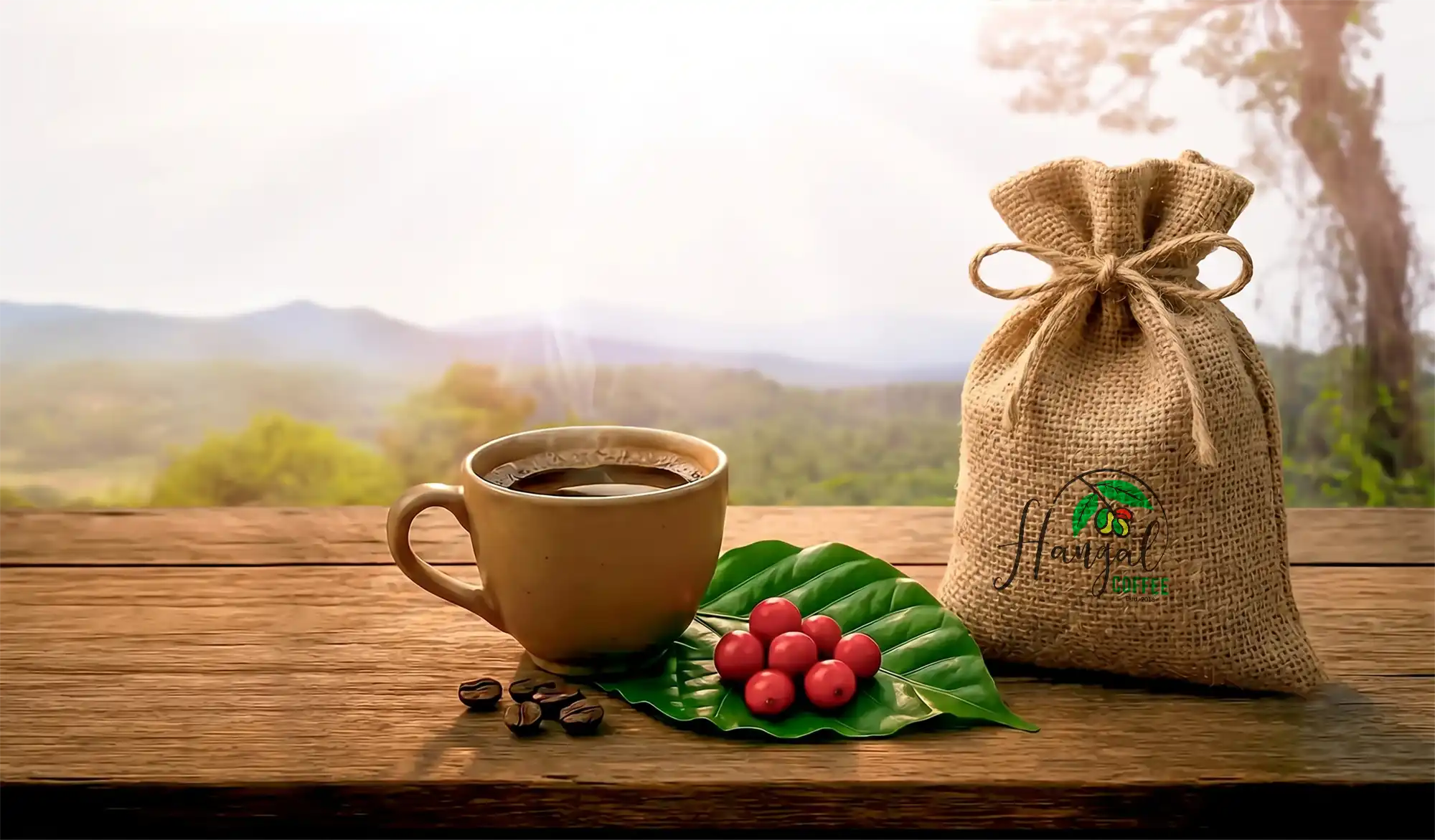 Hangal Coffee cup with fresh red cherries and burlap sack on wooden table overlooking mist-covered coffee hills